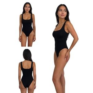 Womens Black Ribbed Square Neck Bodysuit Sleeveless Snap Closure Tank Top